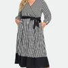 Striped Contrast Patchwork Lantern Sleeve Pocket Belted Wrap Dress 1 Striped Contrast Patchwork Lantern Sleeve Pocket Belted Wrap Dress -Luna Marina Store c sd007001 1