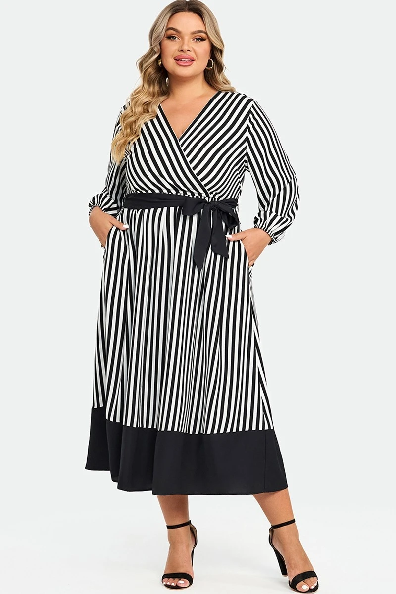 Striped Contrast Patchwork Lantern Sleeve Pocket Belted Wrap Dress 3 Striped Contrast Patchwork Lantern Sleeve Pocket Belted Wrap Dress