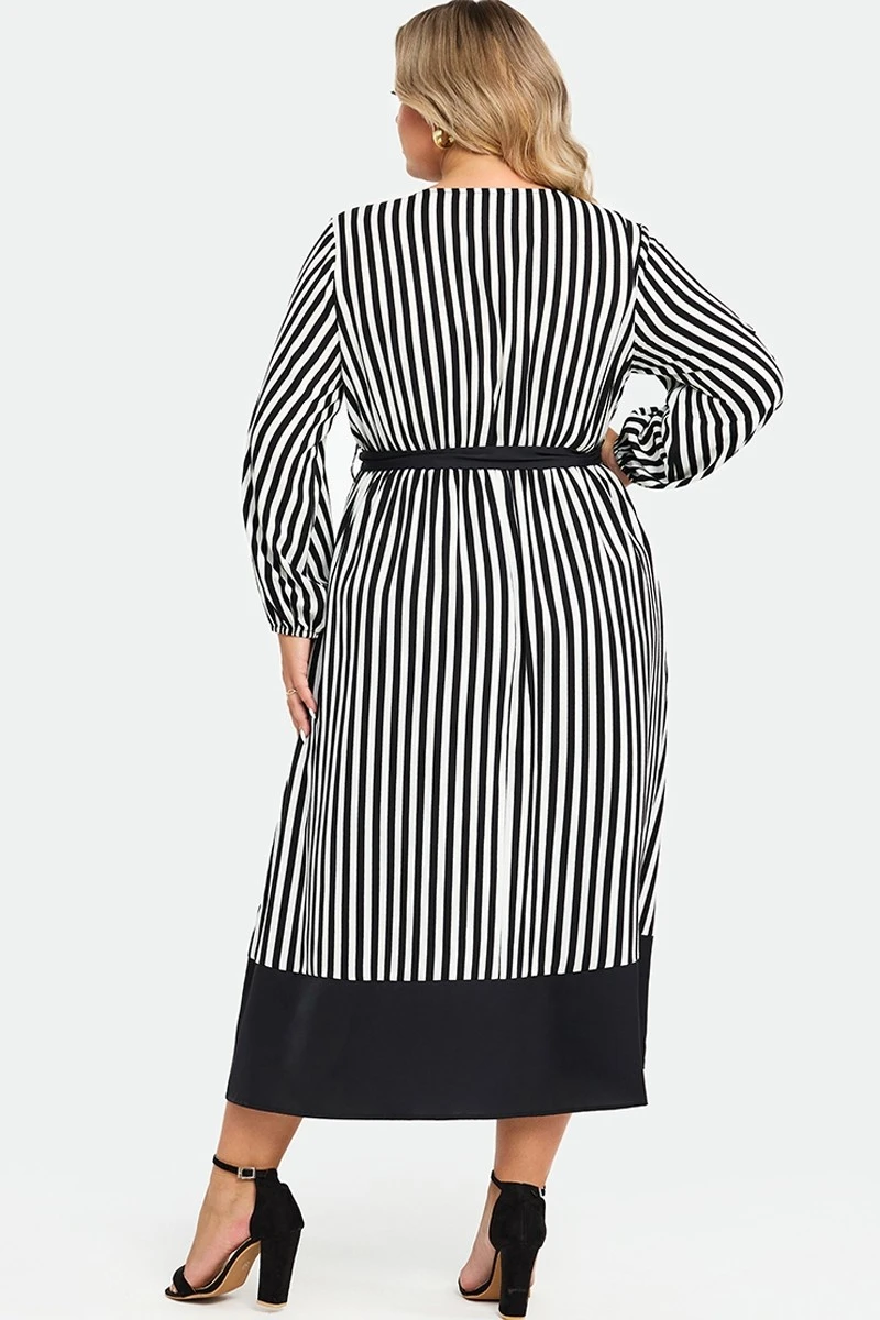 Striped Contrast Patchwork Lantern Sleeve Pocket Belted Wrap Dress 4 Striped Contrast Patchwork Lantern Sleeve Pocket Belted Wrap Dress - Image 2