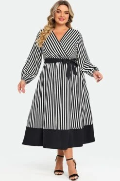 Striped Contrast Patchwork Lantern Sleeve Pocket Belted Wrap Dress 10 Striped Contrast Patchwork Lantern Sleeve Pocket Belted Wrap Dress -Luna Marina Store c sd007001 3