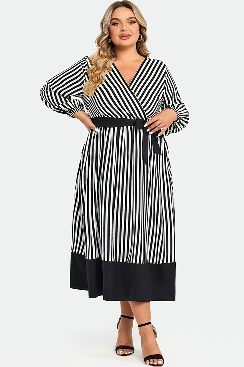 Striped Contrast Patchwork Lantern Sleeve Pocket Belted Wrap Dress 6 Striped Contrast Patchwork Lantern Sleeve Pocket Belted Wrap Dress - Image 4