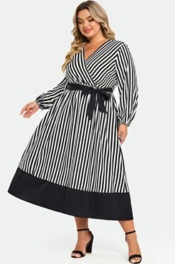 Striped Contrast Patchwork Lantern Sleeve Pocket Belted Wrap Dress 12 Striped Contrast Patchwork Lantern Sleeve Pocket Belted Wrap Dress -Luna Marina Store c sd007001 5
