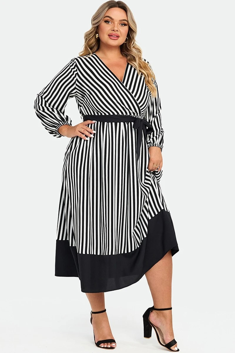 Striped Contrast Patchwork Lantern Sleeve Pocket Belted Wrap Dress 8 Striped Contrast Patchwork Lantern Sleeve Pocket Belted Wrap Dress - Image 6