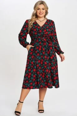 Floral Printed Wrap Pocket Lantern Sleeve Belted Dress
