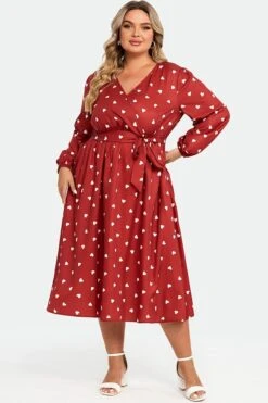 Heart Print Lantern Sleeve Pocket Ruffle Trim Maxi Dress