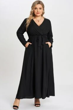 Solid Black Pocket Knotted Wrap Women Dress
