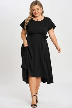 Black Crew Neck High-low Hem Pockets Midi Dress -Luna Marina Store c sd012001 3