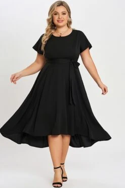 Black Crew Neck High-low Hem Pockets Midi Dress -Luna Marina Store c sd012001 4