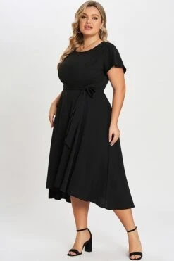 Black Crew Neck High-low Hem Pockets Midi Dress -Luna Marina Store c sd012001 5