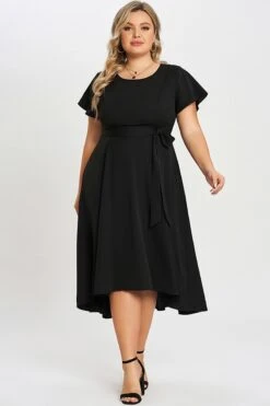 Black Crew Neck High-low Hem Pockets Midi Dress -Luna Marina Store c sd012001 6