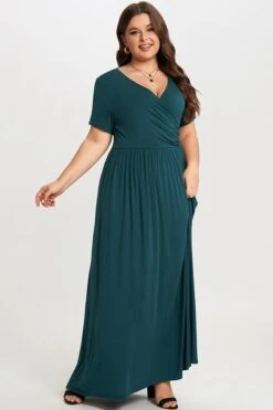 Classic V-neck And Short Sleeves Wrap Maxi Dress -Luna Marina Store c sd013001 3