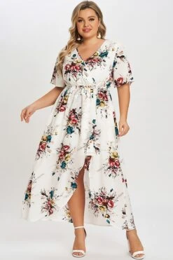 Flower Print V Neck Short Sleeves Maxi Dress -Luna Marina Store c sd014001 4