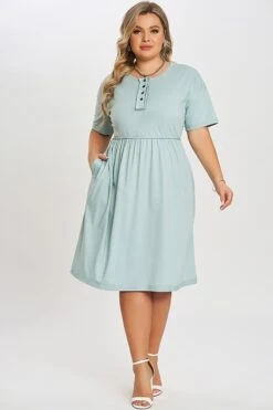 Functioning Buttons Round Neck Babydoll T-shirt Dress -Luna Marina Store c sd016001 3
