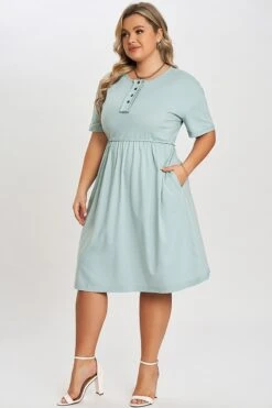 Functioning Buttons Round Neck Babydoll T-shirt Dress -Luna Marina Store c sd016001 4