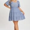 Denim Color Tiered Style Ruffle Sleeves Party Dress -Luna Marina Store c sd017001 1