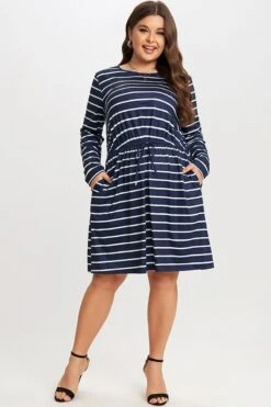Blue & White Stripe Adjustable Drawstring Women Dress -Luna Marina Store c sd018001 3 1