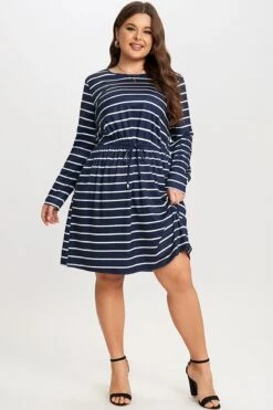 Blue & White Stripe Adjustable Drawstring Women Dress -Luna Marina Store c sd018001 5 1