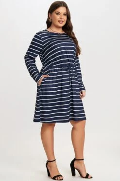 Blue & White Stripe Adjustable Drawstring Women Dress -Luna Marina Store c sd018001 6 1