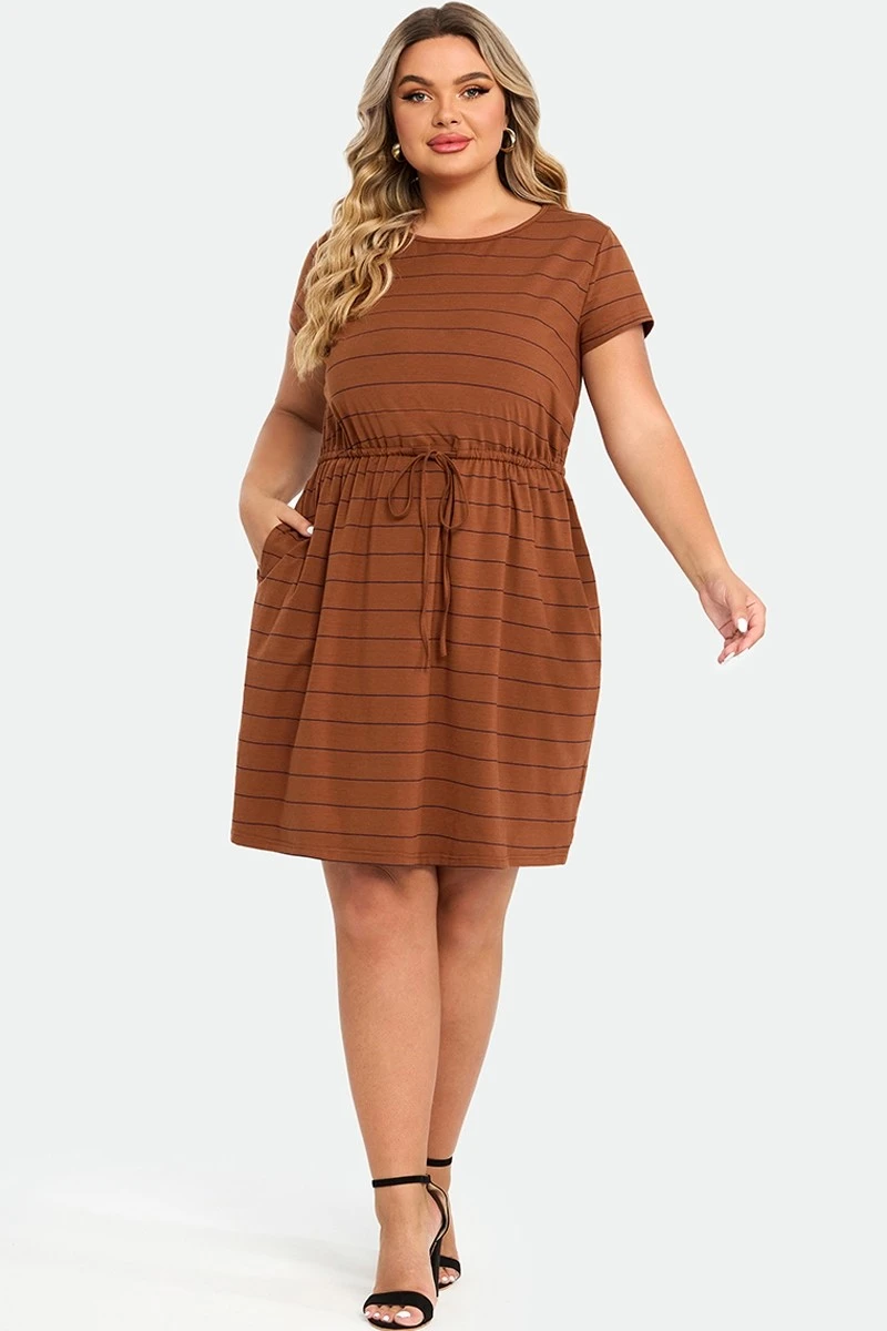 Plus Size Stripe Adjustable Drawstring Women Dress 6 Plus Size Stripe Adjustable Drawstring Women Dress - Image 4