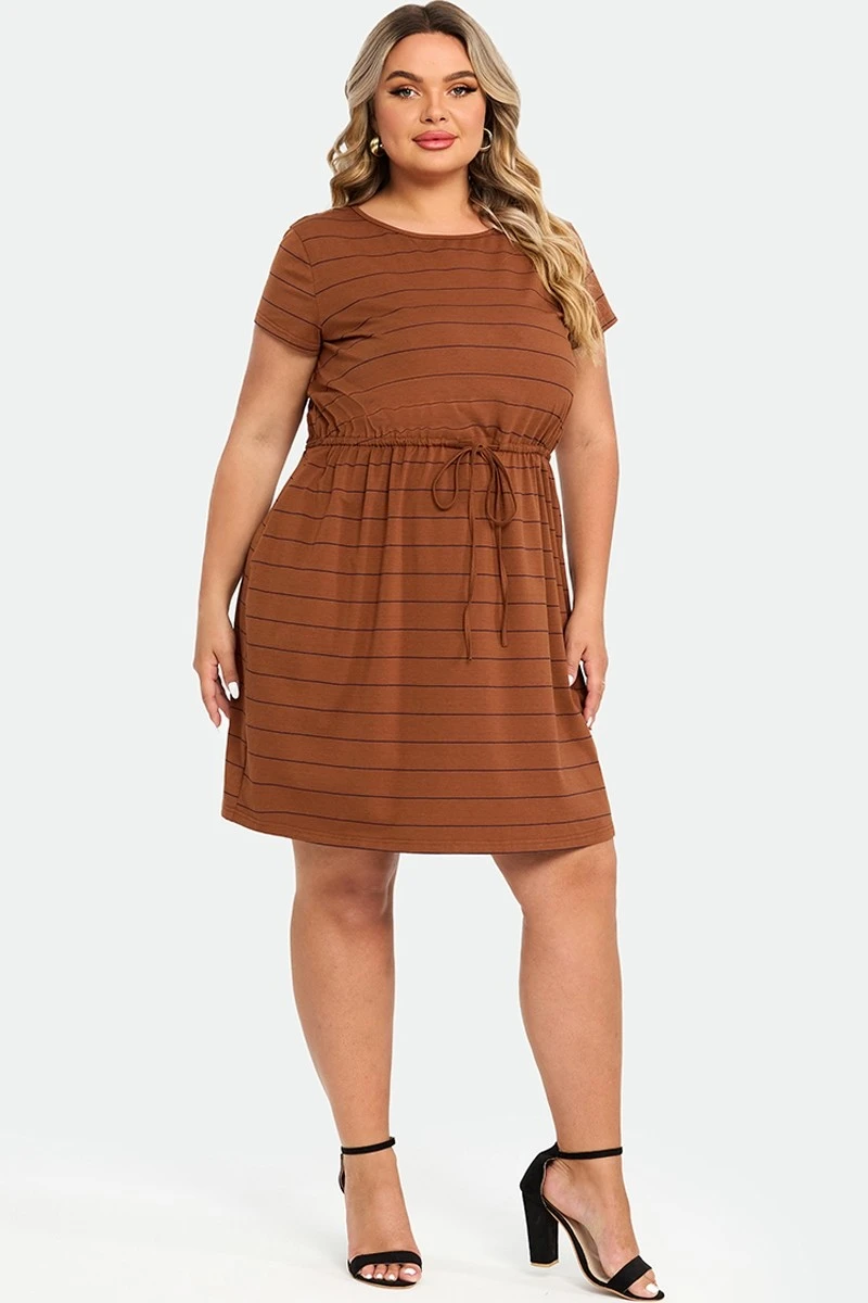 Plus Size Stripe Adjustable Drawstring Women Dress 8 Plus Size Stripe Adjustable Drawstring Women Dress - Image 6