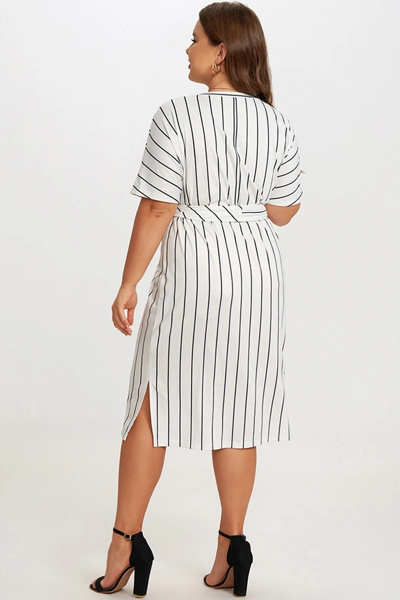 Black & White Stripe V Neck Wrap Around Dress 4 Black & White Stripe V Neck Wrap Around Dress - Image 2