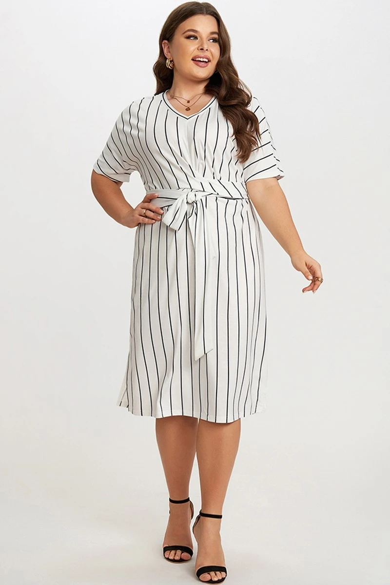 Black & White Stripe V Neck Wrap Around Dress 5 Black & White Stripe V Neck Wrap Around Dress - Image 3
