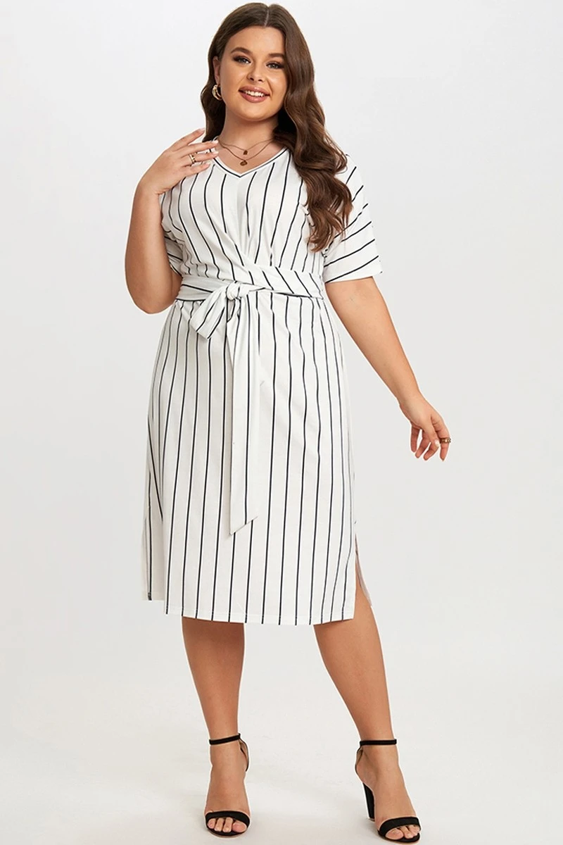 Black & White Stripe V Neck Wrap Around Dress 7 Black & White Stripe V Neck Wrap Around Dress - Image 5