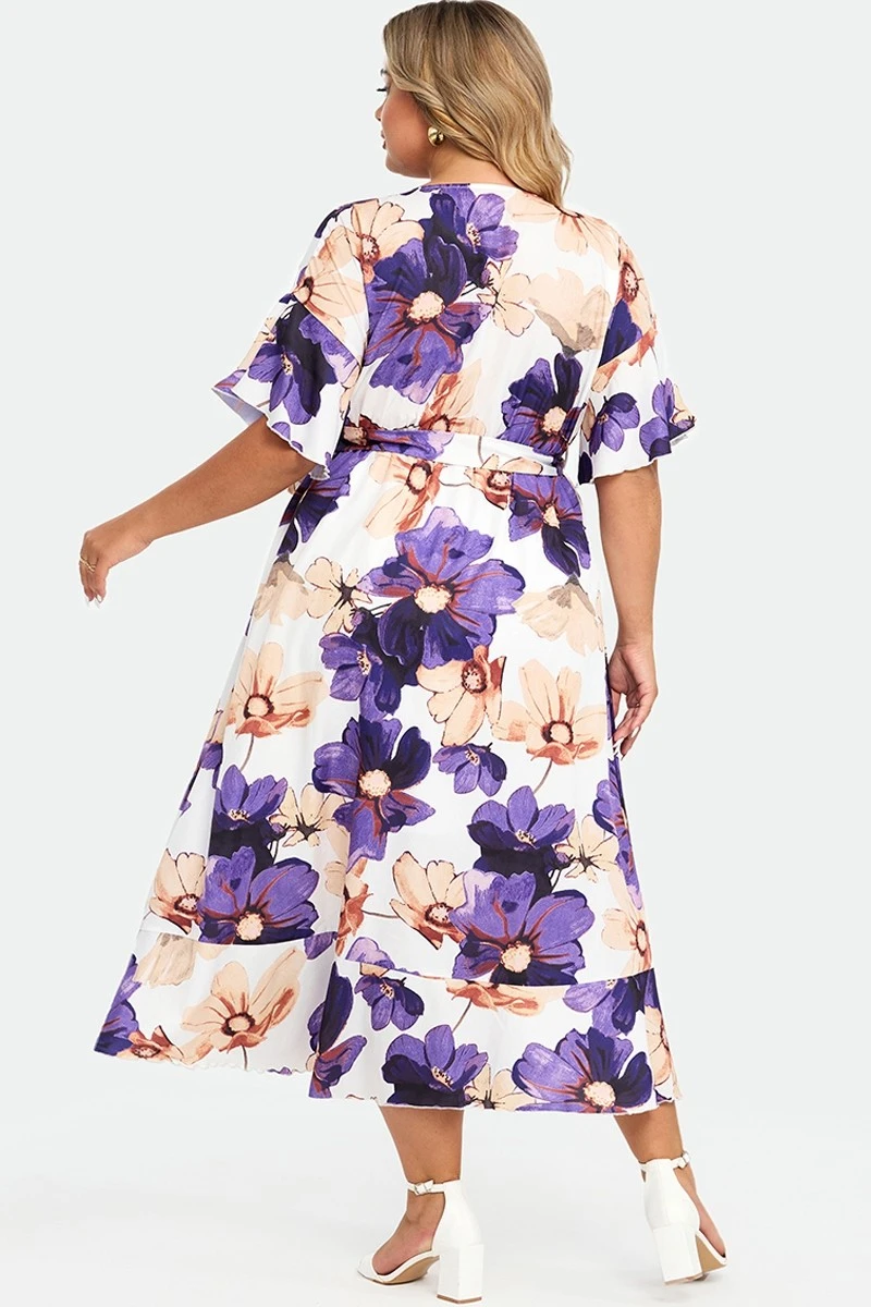 Elegant Multi Color Flower Print V Neck Flared Sleeve Dress 4 Elegant Multi Color Flower Print V Neck Flared Sleeve Dress - Image 2