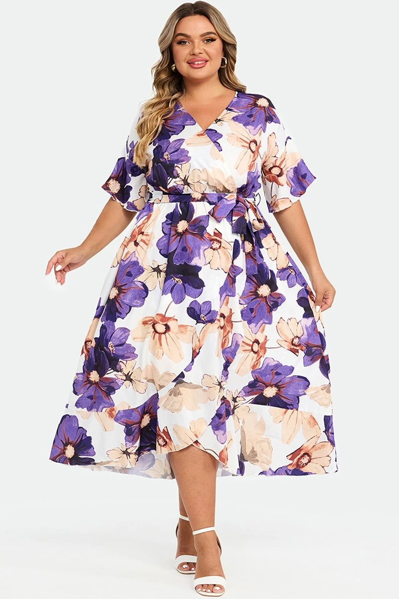 Elegant Multi Color Flower Print V Neck Flared Sleeve Dress 5 Elegant Multi Color Flower Print V Neck Flared Sleeve Dress - Image 3