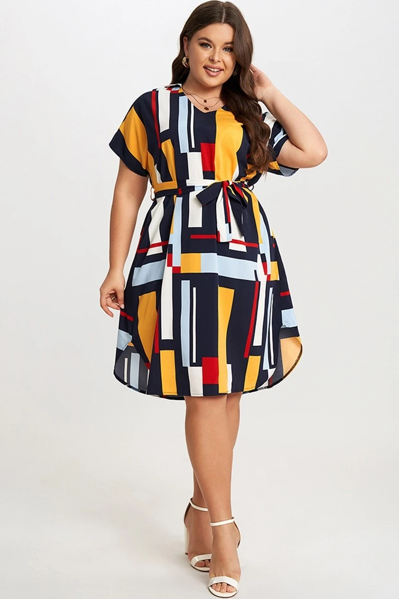 Print Color Block Dolman Sleeve Belted Plus Size Midi Dress 3 Print Color Block Dolman Sleeve Belted Plus Size Midi Dress