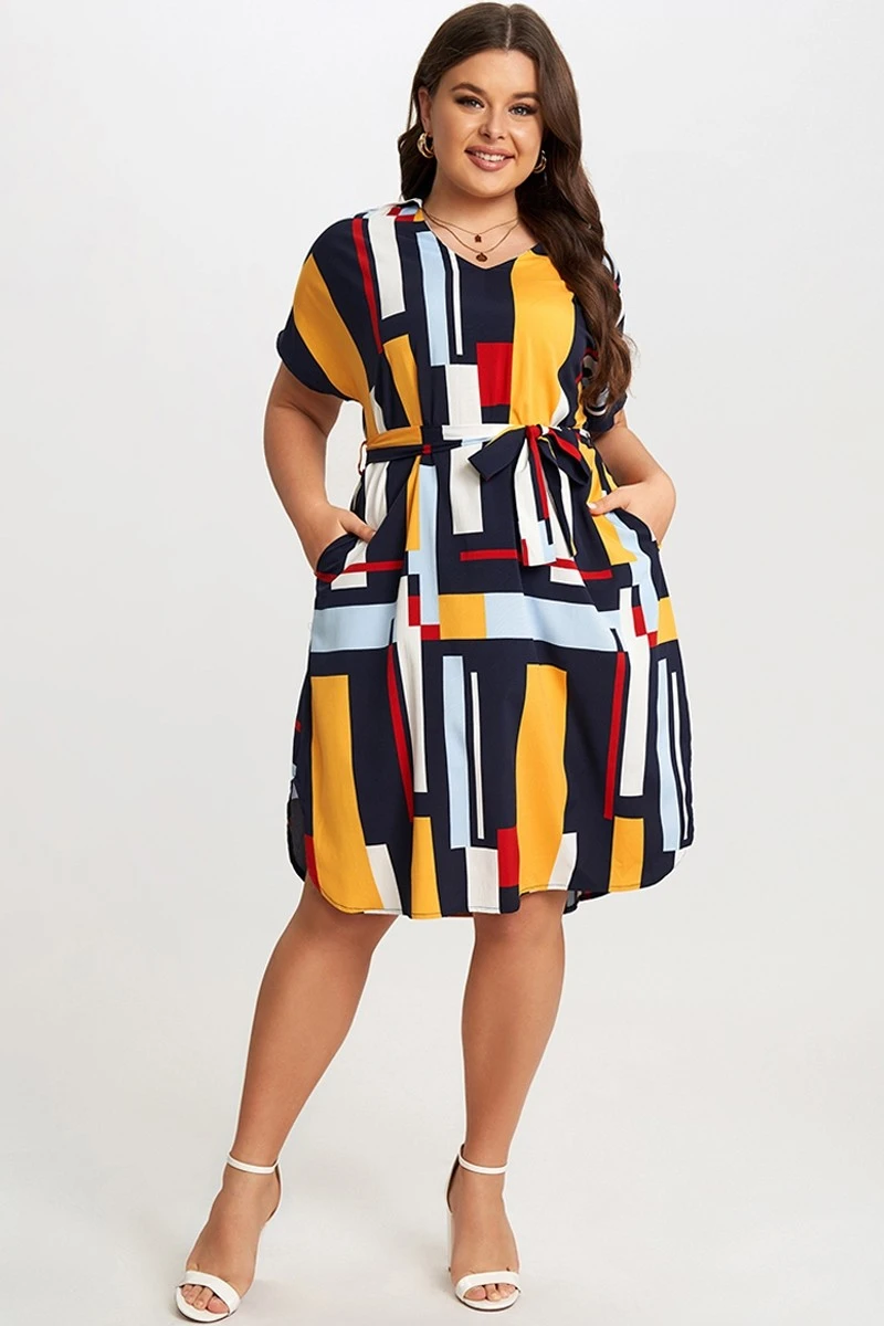Print Color Block Dolman Sleeve Belted Plus Size Midi Dress 5 Print Color Block Dolman Sleeve Belted Plus Size Midi Dress - Image 3
