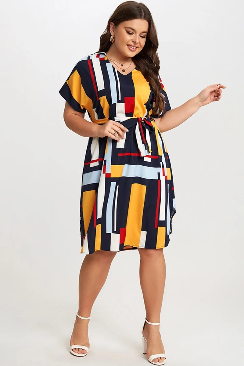Print Color Block Dolman Sleeve Belted Plus Size Midi Dress 6 Print Color Block Dolman Sleeve Belted Plus Size Midi Dress - Image 4