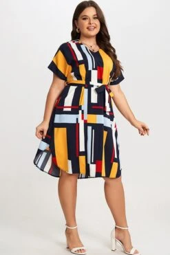 Print Color Block Dolman Sleeve Belted Plus Size Midi Dress 12 Print Color Block Dolman Sleeve Belted Plus Size Midi Dress -Luna Marina Store c sd021001 5
