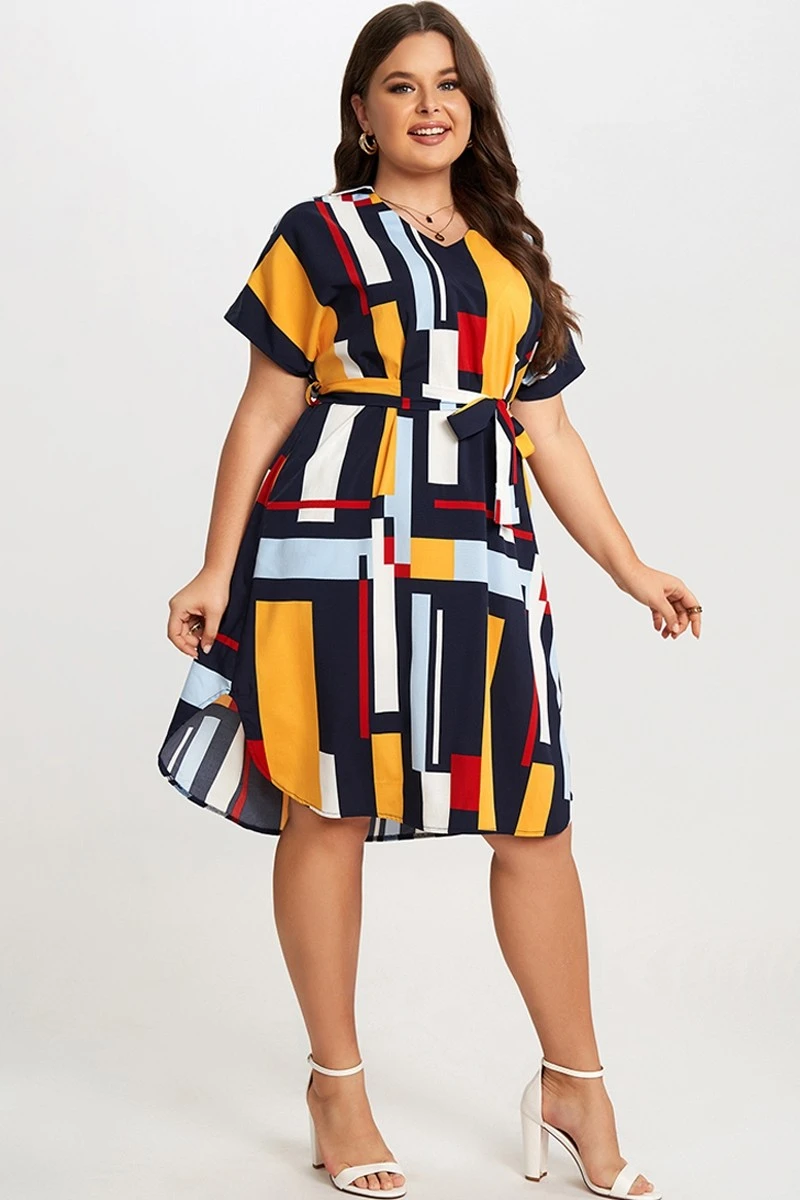 Print Color Block Dolman Sleeve Belted Plus Size Midi Dress 7 Print Color Block Dolman Sleeve Belted Plus Size Midi Dress - Image 5