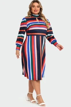 Rainbow Stripe A-Line Puff Sleeves Front Keyhole Women Dress