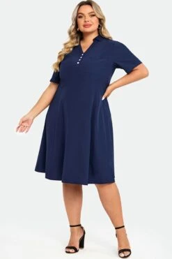Navy Polo Short Sleeves Front Pockets Dress