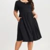 Black Short Sleeve Plus Size Pockets Midi Dress 2 Black Short Sleeve Plus Size Pockets Midi Dress -Luna Marina Store c sd025001 1