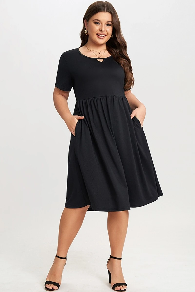 Black Short Sleeve Plus Size Pockets Midi Dress 3 Black Short Sleeve Plus Size Pockets Midi Dress
