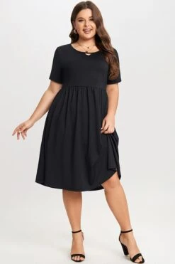 Black Short Sleeve Plus Size Pockets Midi Dress 10 Black Short Sleeve Plus Size Pockets Midi Dress -Luna Marina Store c sd025001 3