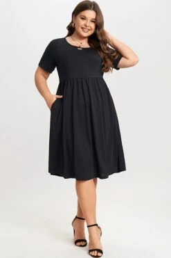 Black Short Sleeve Plus Size Pockets Midi Dress 11 Black Short Sleeve Plus Size Pockets Midi Dress -Luna Marina Store c sd025001 4