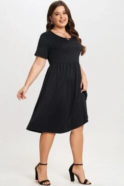 Black Short Sleeve Plus Size Pockets Midi Dress 12 Black Short Sleeve Plus Size Pockets Midi Dress -Luna Marina Store c sd025001 5