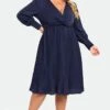 Navy V-neck Knot Front Long Sleeves Pullover Style Dress 2 Navy V-neck Knot Front Long Sleeves Pullover Style Dress -Luna Marina Store c sd026001 1