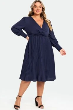 Navy V-neck Knot Front Long Sleeves Pullover Style Dress