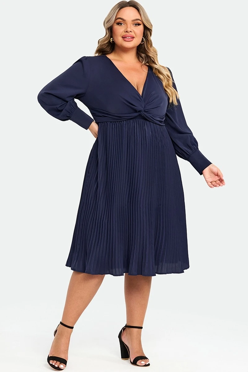 Navy V-neck Knot Front Long Sleeves Pullover Style Dress 3 Navy V-neck Knot Front Long Sleeves Pullover Style Dress