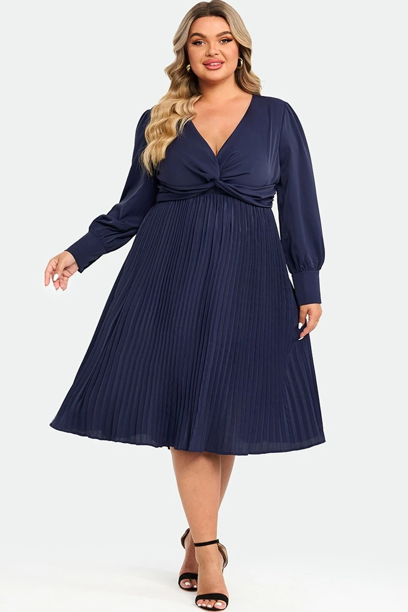 Navy V-neck Knot Front Long Sleeves Pullover Style Dress 5 Navy V-neck Knot Front Long Sleeves Pullover Style Dress - Image 3