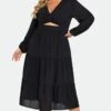Black Long Sleeves Cutout A-line Midi Dress -Luna Marina Store c sd027001 3