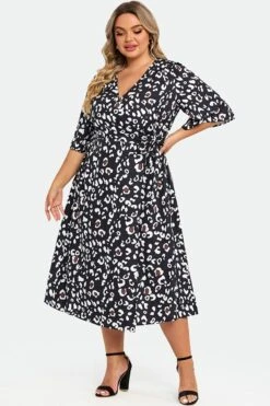 Animal Print Wrap Tie Side Women Midi Dress