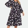 Black Floral Long Sleeve V Neck Midi Dress