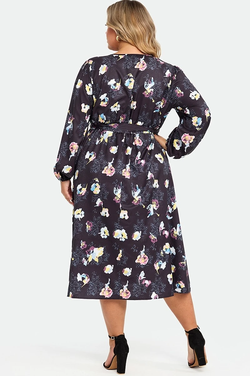 Black Floral Long Sleeve V Neck Midi Dress 4 Black Floral Long Sleeve V Neck Midi Dress - Image 2