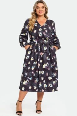 Black Floral Long Sleeve V Neck Midi Dress 10 Black Floral Long Sleeve V Neck Midi Dress -Luna Marina Store c sd034001 3